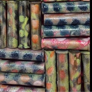 Set of 12 painted brass cases. Greens blues pinks. Polka dot. Art Supply.1 inch.